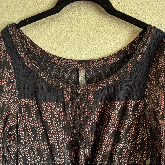 Free People Women's Black Lace Mini Dress SZ M Leather Tie 3/4 Sleeve - Picture 4 of 12